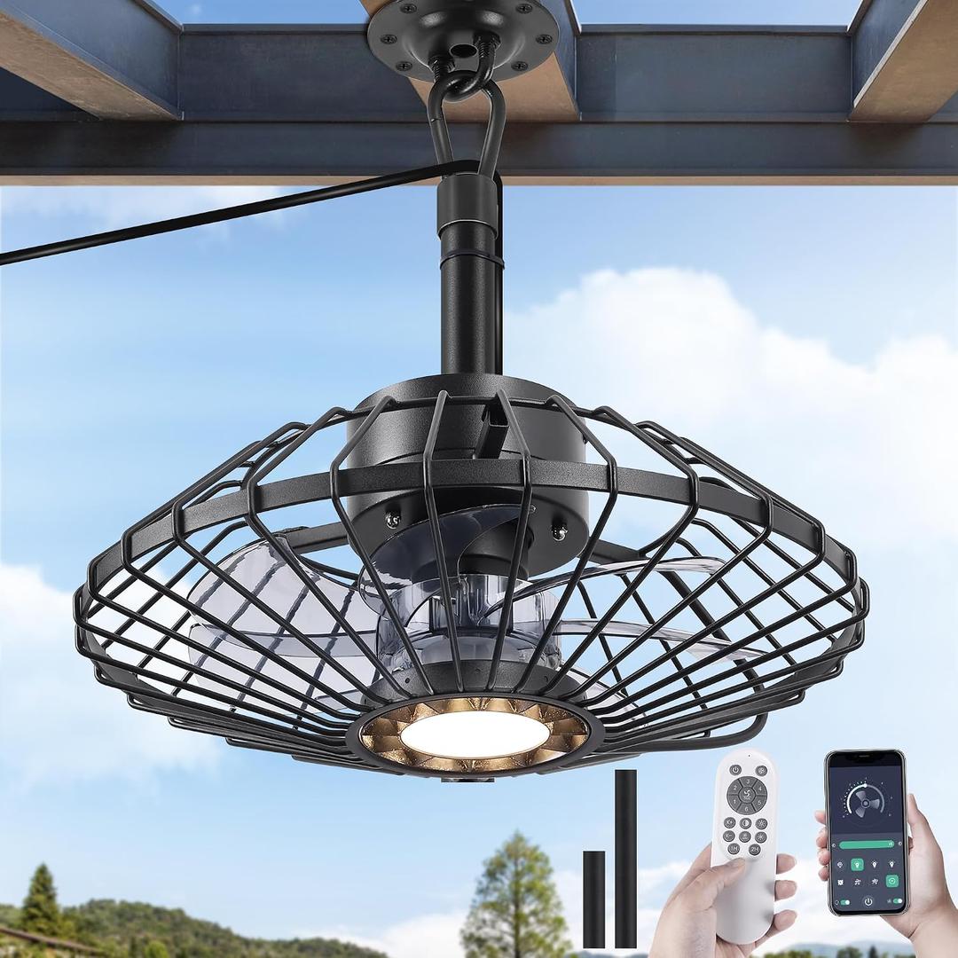 Outdoor Ceiling Fan with Lights, 15" Weatherproof Gazebo Hanging Fan with Remote Control Smart App, Plug in Caged Ceiling Fan with 3CCT Dimmable,Ceiling Fan with Hanging Hook for Porch, Pergola,Canopy