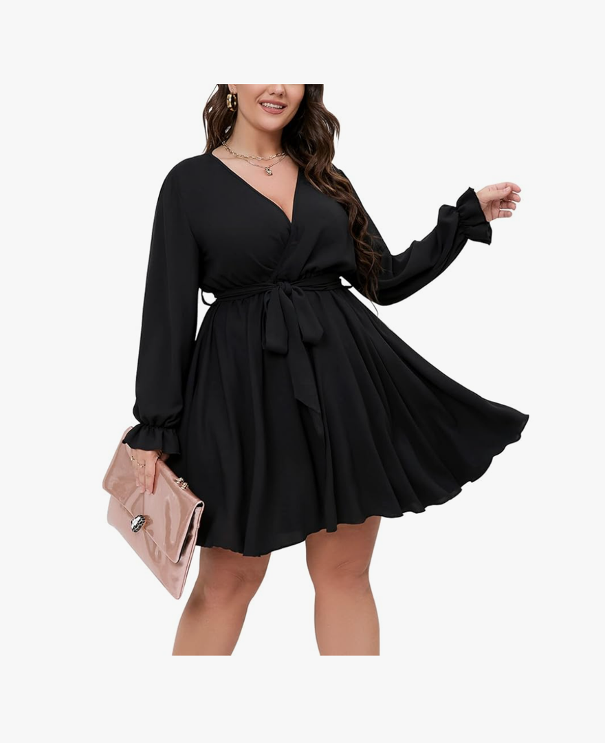 SCOMCHIC Women's Plus Size Long Sleeve Wrap V Neck Tie Waist A Line Mini Dress, 3XL