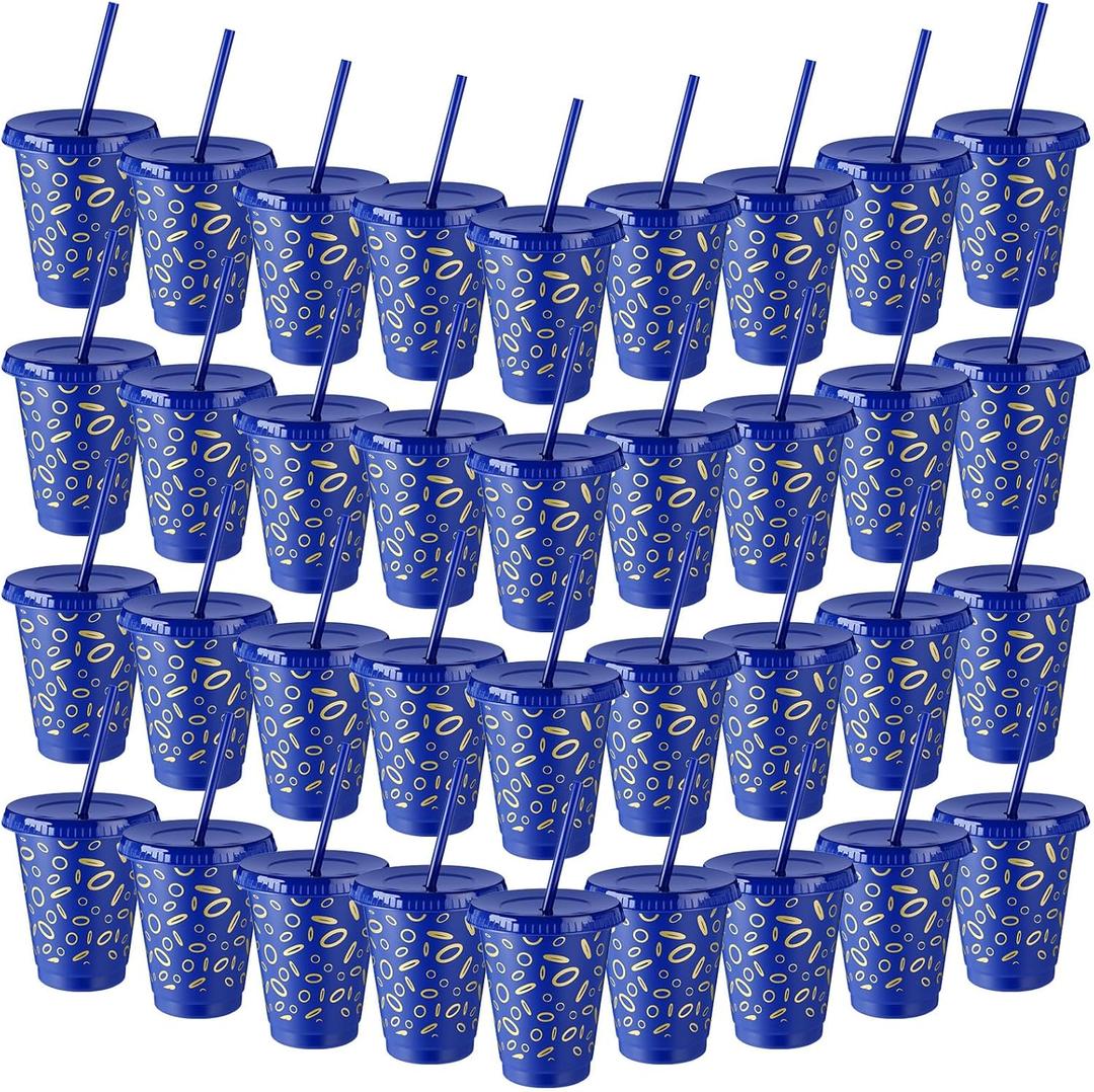 Jingmore 36 Pcs Blue and Golden Rings Plastic Cups for Birthday Party Decoration Cartoon Video Game Theme 16 oz Tumblers with Lid and Straw