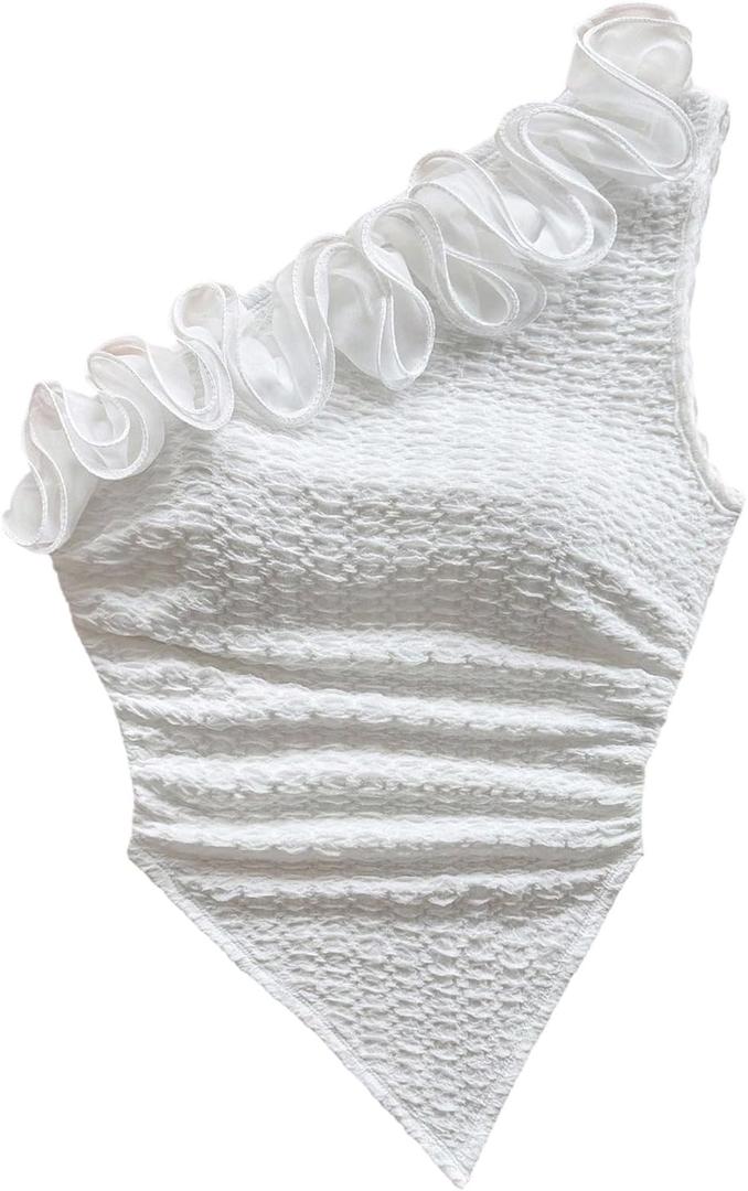 Floerns Women's Plus Size One Shoulder Ruffle Trim Tank Top Textured Asymmetrical Going Out Tops (White, XXXL)