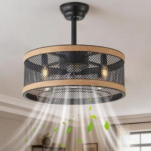20in Fandelier Caged Ceiling Fan with Light,6 Speeds Low Profile Ceiling Fan with Light and Remote,for Bedroom,Kitchen,Ourdoor,Patio(Black)