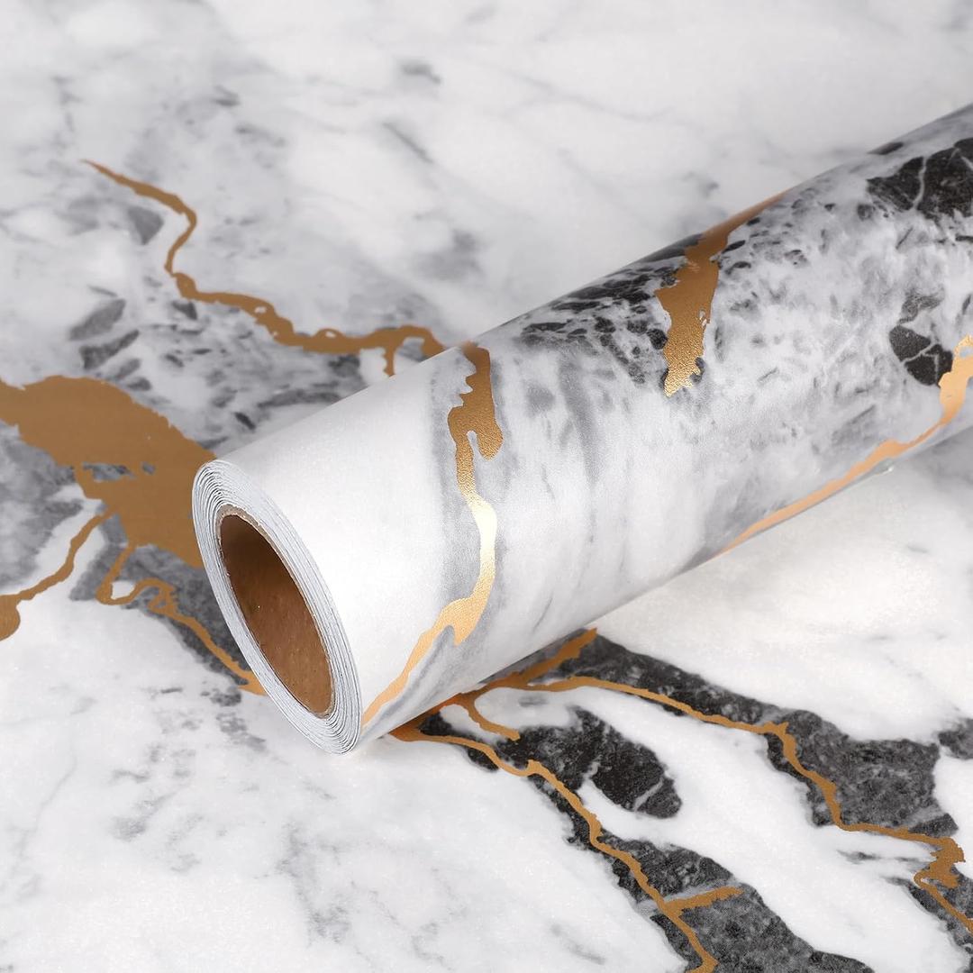 VEELIKE Luxurious Black White Gold Marble Contact Paper for Countertops Waterproof Peel and Stick Countertops 24''x118'' Thick Marble Wallpaper Self Adhesive Countertop Vinyl Wrap for Kitchen Bathroom