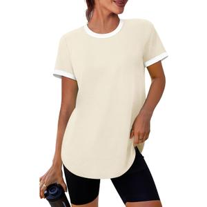 Womens Workout Tops Summer Short Sleeve Shirts Athletic Color Block Gym Clothes Outfits Sun Protection UPF 50+ T Shirts (Beige, XL)