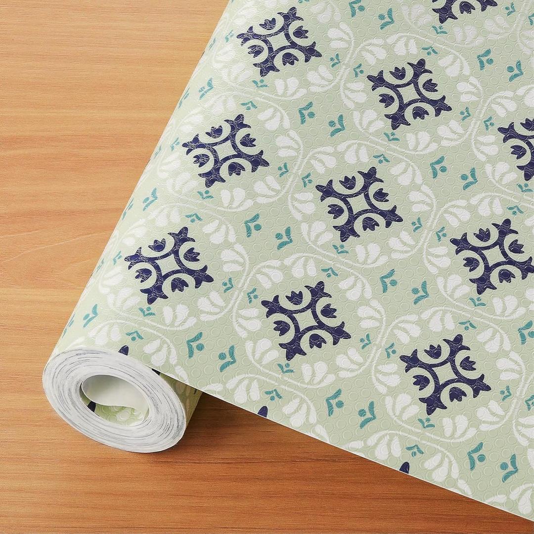 Cooyes Shelf and Drawer Liners for Kitchen Cabinets, Non-Adhesive Cabinet Liners, EVA Waterproof Durable Shelf Paper for Refrigerator, Shelves, Cupboard with European Pattern, Easy to Cut (11.8"W x 236"L, Green Blue)