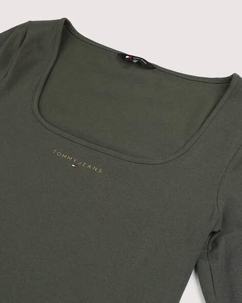 Trendy Queen Womens Long Sleeve Shirts Crop Tops Square Neck Going Out Basics Tees Y2K Winter Clothes 2025 M Khaki