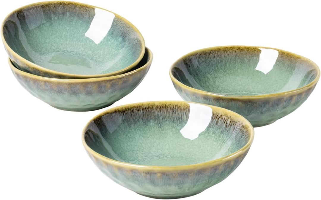 Henten Home Ceramic Soup Bowl Set, 25 oz Cereal Bowls Set of 4, Porcelain Salad Bowls Set, Stoneware Serving Bowls for Kitchen, Microwave& Dishwasher Safe, Reactive Glaze (Green)