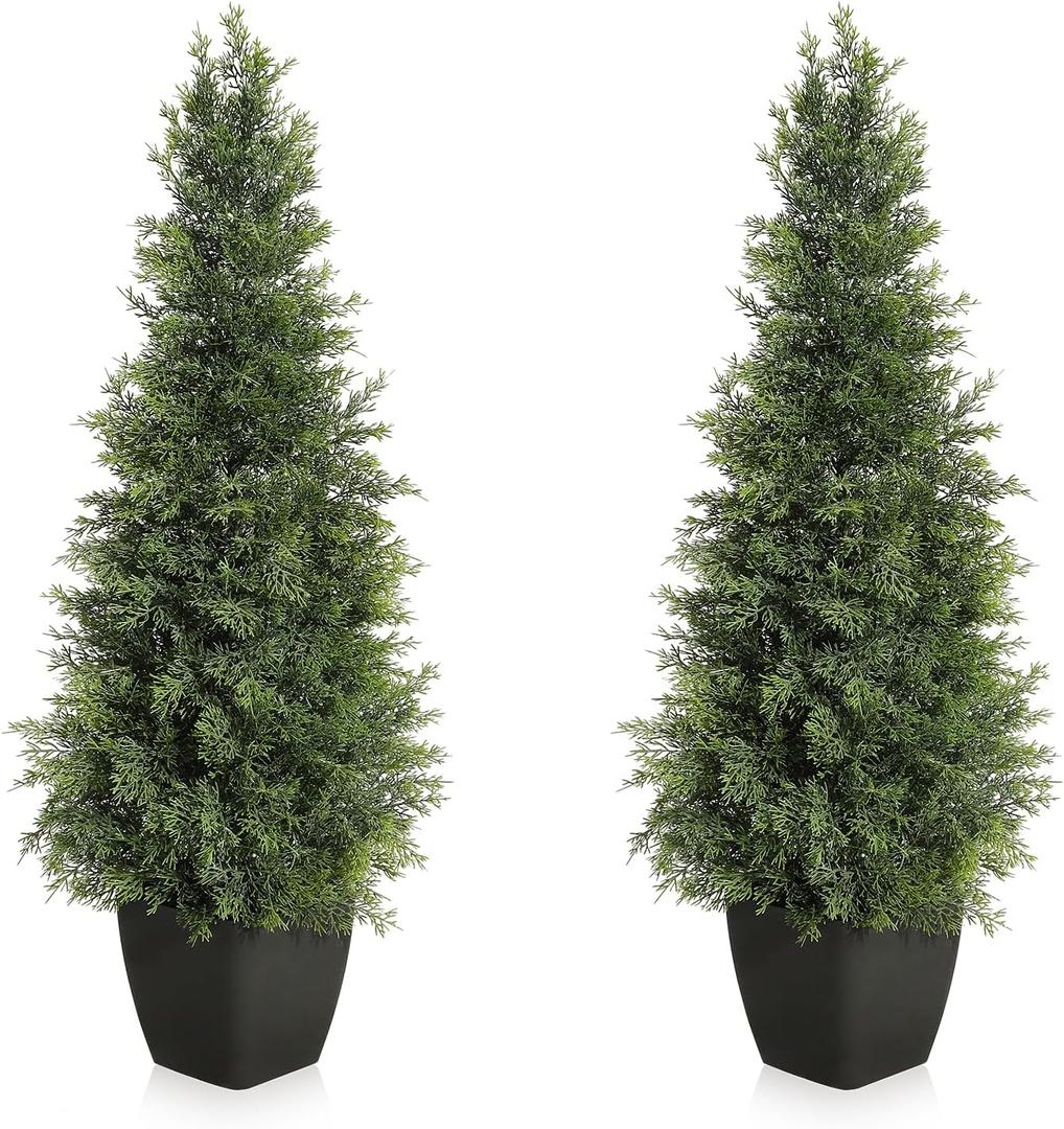 GarveeHome Artificial Cedar Topiary Tree for Outdoor,36 inch Tall Faux Cedar Trees,Potted Fake Cypress Plant, Artificial Plants Indoor Outdoor for Front Porch Decor, Set of 2 (3ft, Green)