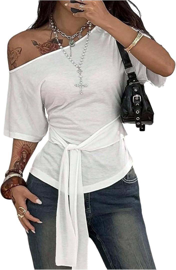 Floerns Women's Going Out Off The Shoulder T Shirts Tie Front Short Sleeve Hanky Hem Casual Tee Tops (White, S)
