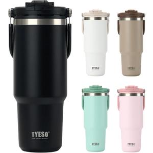 TYESO Tumbler with Flip Straw & Sip Lid, Vacuum Insulated Water Bottle, Double Wall Stainless Steel Coffee Cup Travel Mug Leak Proof (BLACK, 30 OZ)