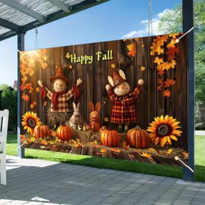 Happy Fall Banner 71x43 Inchs Fall Scarecrow Sunflower Outdoor Indoor Backdrop Banner Autumn Thanksgiving Party Decor Autumn Maple Leaves Pumpkins Backdrop Decorations