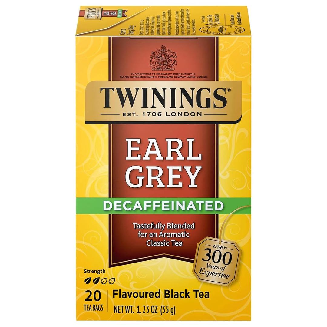 Twinings Decaffeinated Earl Grey Black Bergamot Tea Bags 20 CT Box (1 Pack) | Classic Black Tea, Light & Citrusy, Without Caffeine, 20 Foil Lined Individually Wrapped Bags, Enjoy Hot or Iced (EXP 08/08/27)