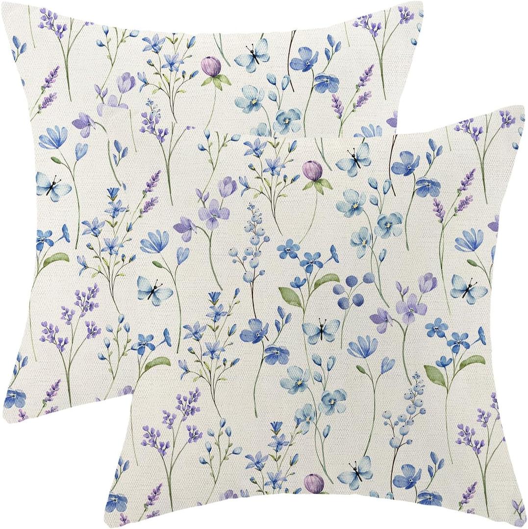 Spring Pillow Covers 18x18 Pack of 2 Purple Floral Throw Pillow Covers Outdoor Decoration Summer Decor Purple Flower Pillowcase Farmhouse Decorative Linen Cushion Case for Home Couch Sofa