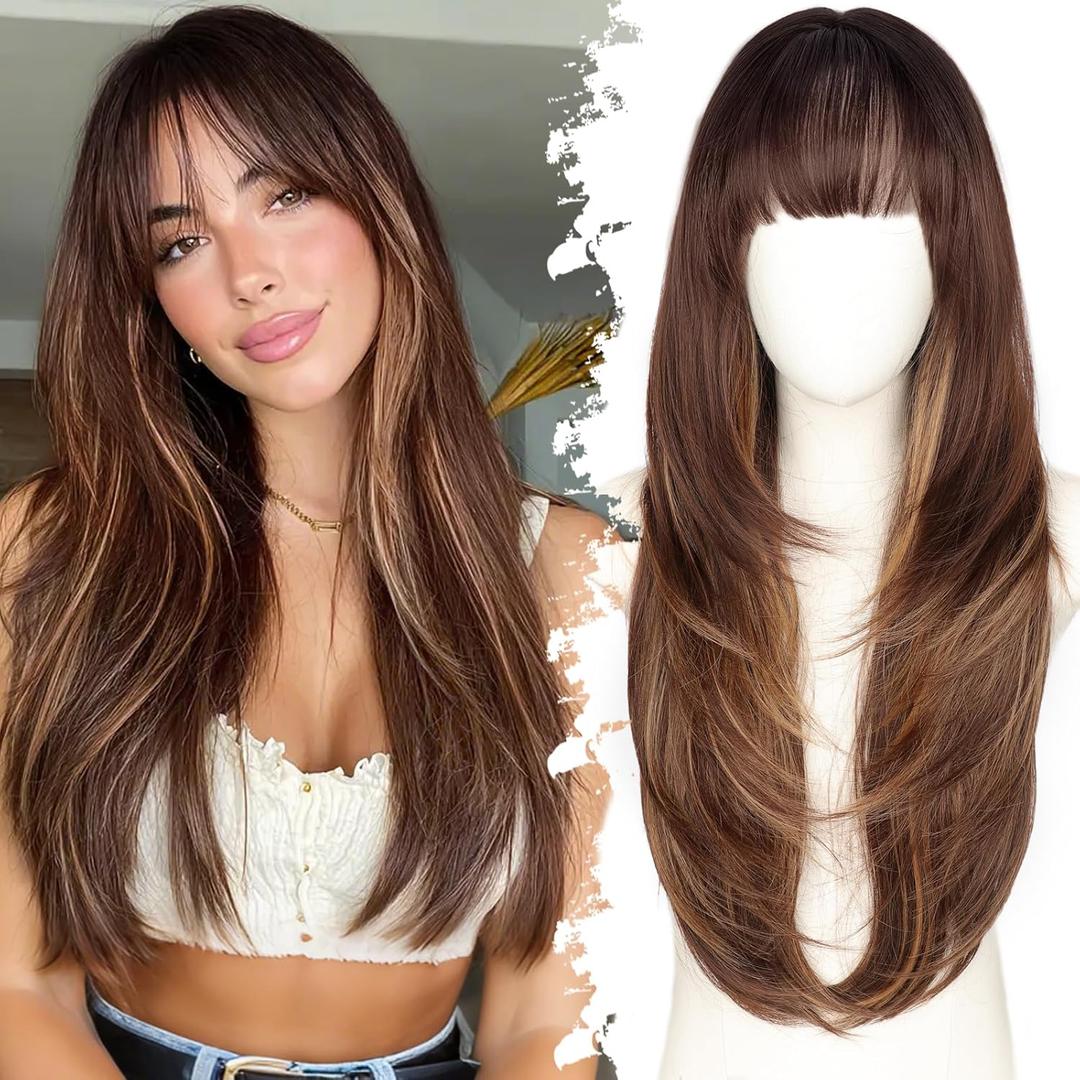 Long Brown Highlight Wig with Bangs for Women,4x4 Realistic Scalp,Free Parting,Layered Hairstyle Synthetic Heat Resistant for Daily Party Use 26 inch