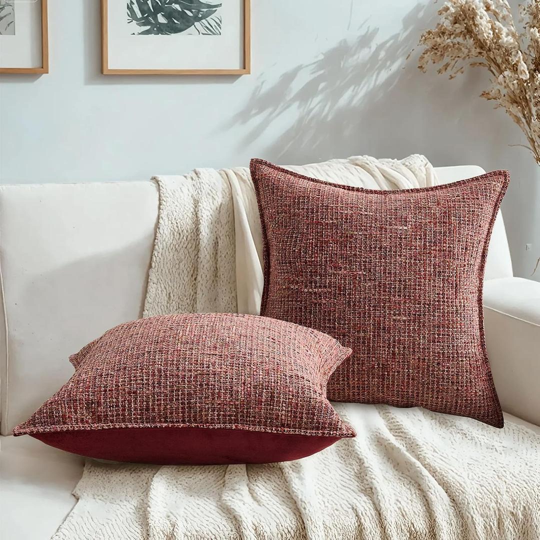 HAUSSY 2 Pack Pillow Covers 24x24 Inch, Reversible Chenille Decorative Throw Pillows Farmhouse Boho Neutral Cushion Covers Home Decor Soft Pillowcases for Couch Living Room Sofa Bed, Burgundy