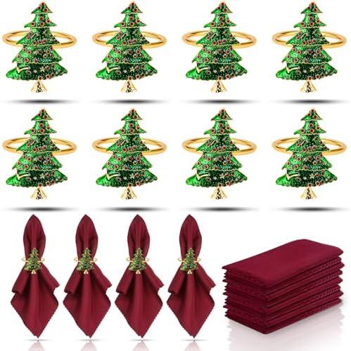 KPOSIYA 6pcs Christmas Tree Napkin Rings Set of 8and 8 Christmas Napkins Cloth, Napkins holdes for Dinning Table Setting Decoration, Xmas Dinner Tables Rings for Winter Party