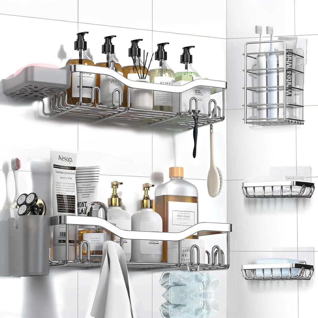 NESOMI Shower Caddy Adhesive Shower Organizer 7-Pack, Rustproof Stainless Steel Bathroom Shelves, Large Capacity No-Drill Rack Storage Accessories with Soap Dish Toothbrush Holder Hooks (7-Piece Set, Silver)