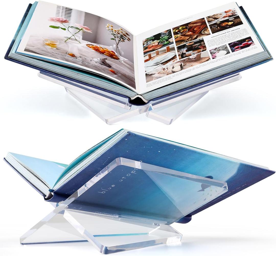 Acrylic Book Stand Clear Acrylic Book Holder, 8.5" x 6.4" x 3.5" Open Book Holder Stand for Display and Reading Cookbooks, Art Books, Bibles, Magazines - Home and Office (Clear, Medium)