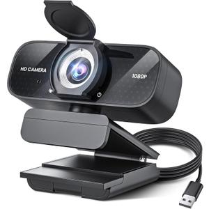 Full HD Webcam with Built-in Microphone and Rotatable Tripod, 1080P Video and Wide Angle Camera, Privacy Cover, for Desktop PC Laptop Computer Black