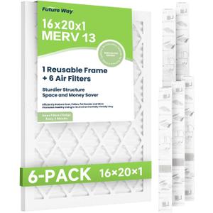 Future Way 16x20x1 Air Filters, 6-Pack with Reusable Frame, MERV 13, MPR 1900 AC Furnace Filters, Space Saving & Cost-effective Future Way 16x20x1 Air Filters, 6-Pack with Reusable Frame, MERV 13, MPR 1900 AC Furnace Filters, Space Saving & Cost-effective