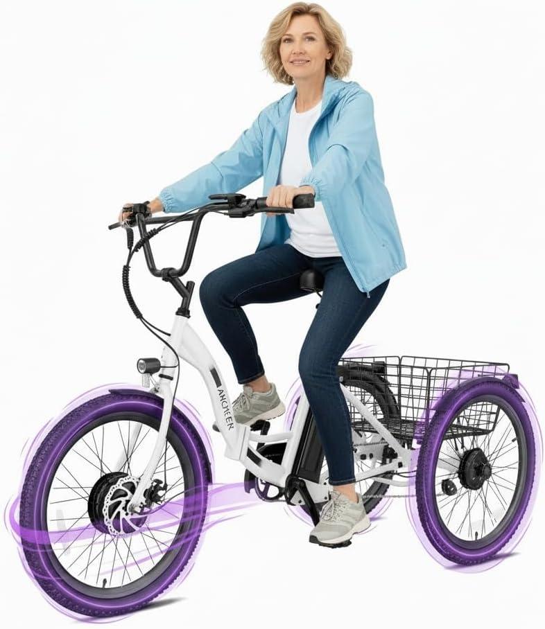 ANCHEER Electric Tricycle for Adults, Peak 600W Folding Electric Trike, 24" 499Wh Ebike for Seniors, 15.5MPH Electric Bike, Removable Battery, 3 Wheel, LCD, Rear Differential, Basket
