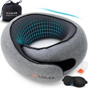 LOLEX Travel Pillow - Memory Foam Neck Support Pillow for Airplane, Car - Super-Soft Pure Cotton Fabric, Lightweight & Easy-to-Carry Full Travel Sleep Kit (Eye Mask, Earplugs) - Light Grey