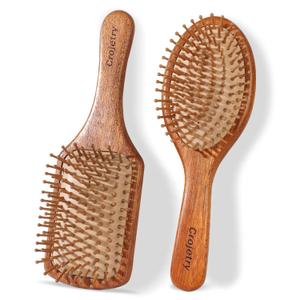 2-Piece Bamboo Hair Brush Set for Hair Growth (Oval & Square) - Natural Wooden Scalp Massage Brush with Bamboo Bristles,Detangling Hairbrush for Women,Men,All Hair Types - Ergonomic Handle