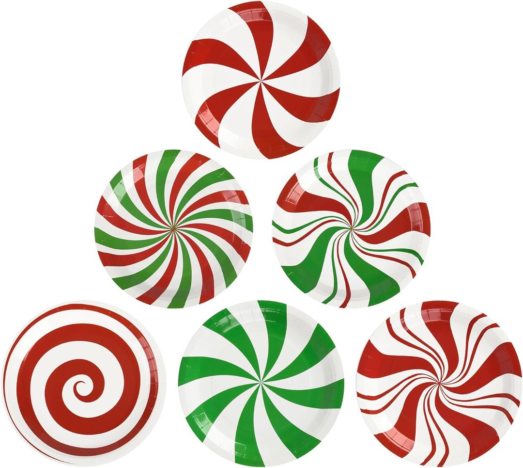 48Pcs Christmas Candy Paper Plates Peppermint Swirl Xmas Party Plates Red & Green Holiday Disposable Plates Striped Dinner Round Plate for Winter New Year Candy Party Supplies (48, 7Inch)