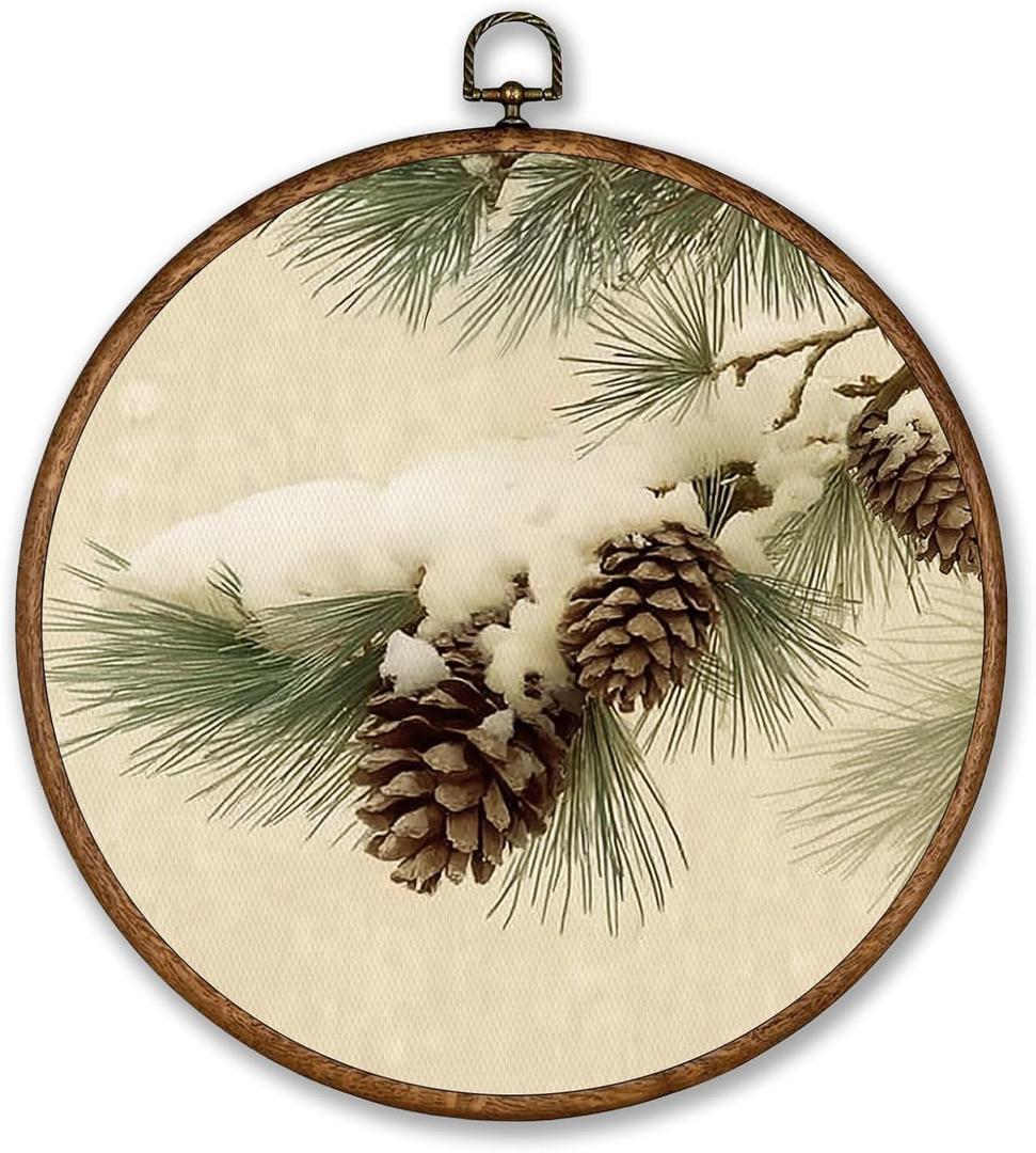 Voxitura Winter Snowy Pine Cone Branches Wall Art Round Framed, Vintage Christmas Snowy Snow Tree Wall Decor Canvas Hanging Living Room, Rustic Beige Prints Artwork Decorations for Bedroom 10x10in
