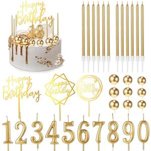 Yerliker 34 Pcs Birthday Candles Cake Toppers for Men Women with 12 Long Thin Birthday Cake Candle 10 Numeral Birthday Candle 9 Ball Cake Topper 3 Birthday Cake Topper(Gold)