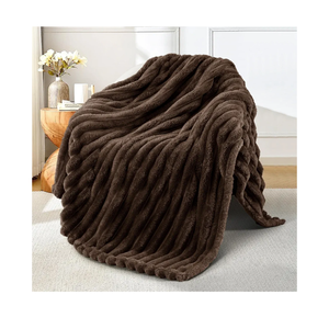 Exclusivo Mezcla Fleece Throw Blanket for Couch, Super Soft Striped Jacquard Bed Blanket, Lightweight Fuzzy Cozy for All Seasons, 50x60 Inches, Coffee