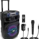Pyle Portable Bluetooth PA Speaker System - 800W 12” Outdoor, Party Lights, USB SD Card Reader, FM Radio, Rolling Wheels, Wired microphone, Remote