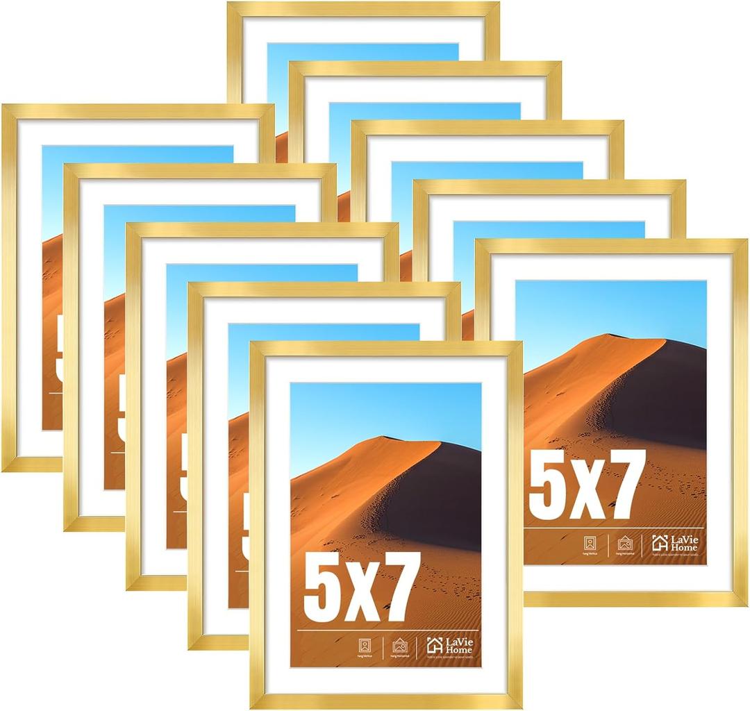 LaVie Home 5 x 7 Picture Frame Gold Set of 10, Display 4x6 with Mat or 5 x 7 Without Mat Picture, Photo Frame Collage for Wall Gallery or Table Deco, Hanging or Tabletop Display
