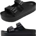 Womens Platform Sandals with Arch Support, Adjustable Buckle Beach Sandal Woman Comfort Lightweight Ultra Cushion EVA Slides (10, Double Buckle-black)