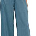 Duyang Womens Cotton Linen Palazzo Pants Drawstring Elastic Waist Casual Wide Leg Trousers with Pockets (X-Large, Lake-blue)