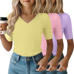 3 Pack Girls Short Sleeve Slim Shirts | V Neck Tops, Ribbed Knit, Cute, Casual, Tight, Basic, Solid, Plain, Summer, Layer, Comfortable, Versatile, Breathable