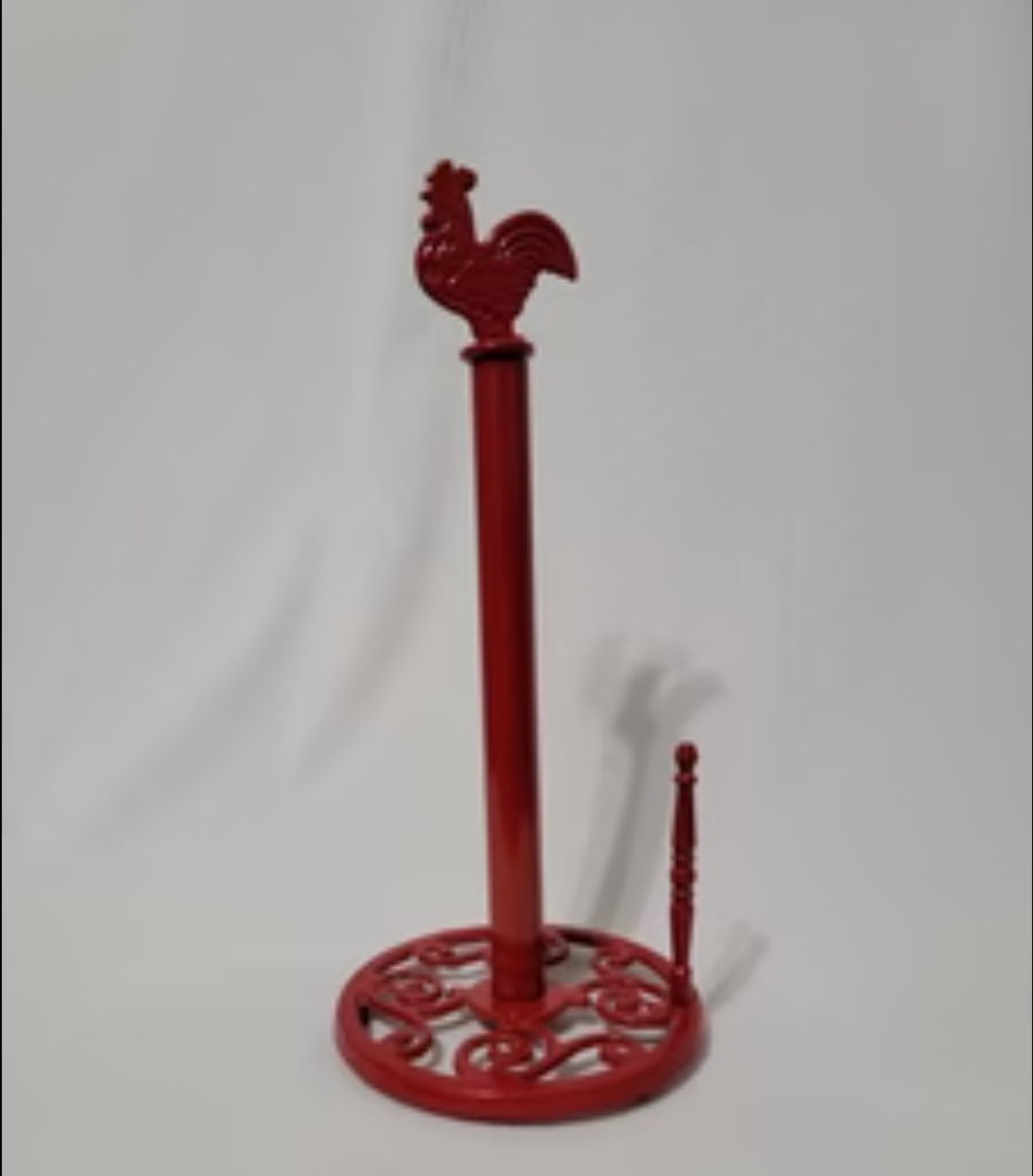 Vintage Rooster Paper Towel Holder - Easy One Handed Tear Cast Iron Roll Paper Towel Dispenser Countertop, Red
