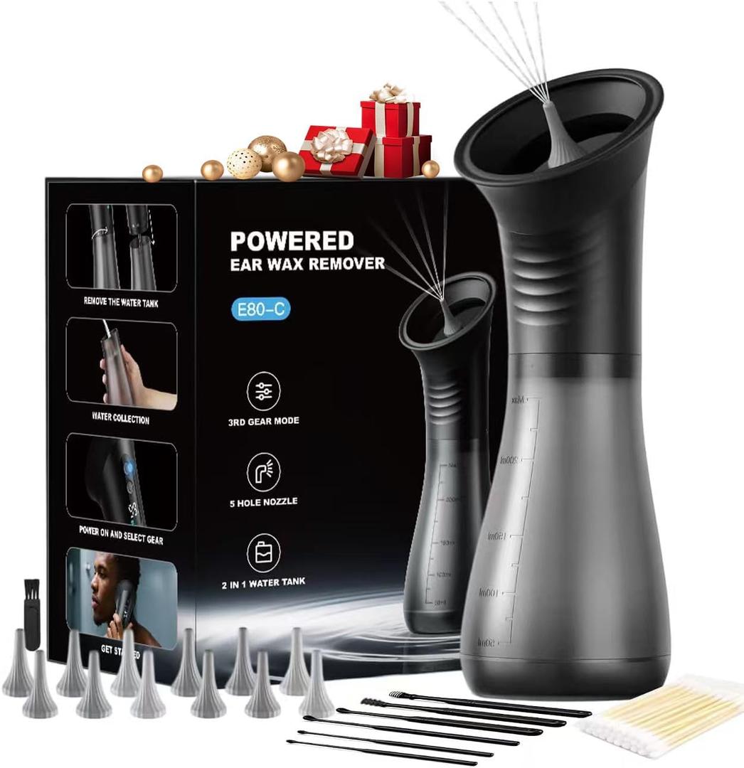 Ear Wax Removal with One-Piece IPX7 Waste Tank, Ear Irrigation Flushing System, Electric Ear Cleaner Rechargeable Ways & Super Battery-Safe Efficient (Obsidian)