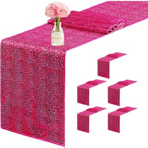 6 Packs 12 x 72 inches Sequin Table Runner, Hot Pink Glitter Table Runner for Birthday Party Supplies Wedding Engagement Baby Shower Holiday Celebration Event Decorations