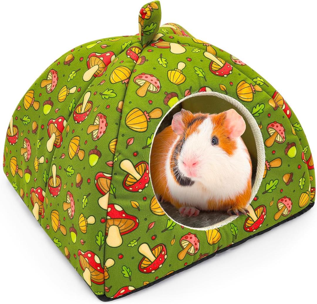 Candofly Guinea Pig Hideout - Warm Bunny Bed Hamster Hideout Guinea Pig Accessories, Mushroom Pattern Winter Sleeping House for Small Animals,Hedgehog,Ferret,Rat,Rabbit (L) (L-9.4"x9.4"x7.9")