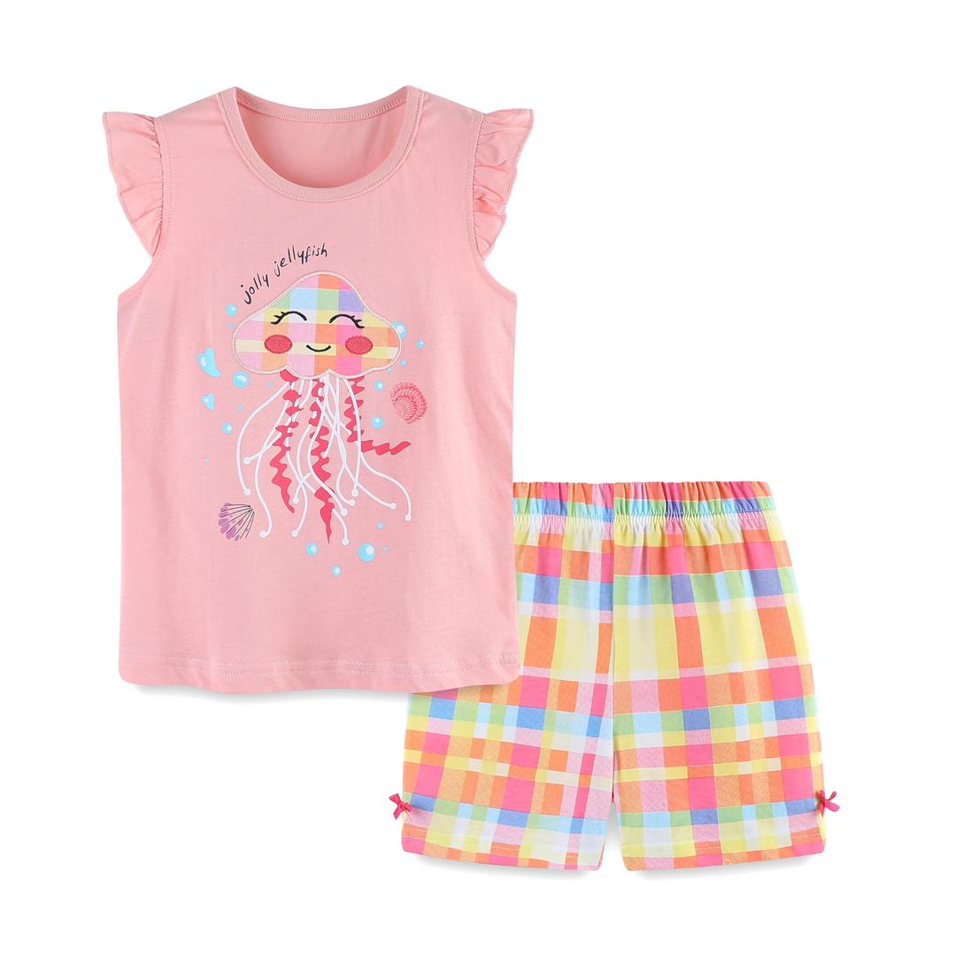 Akyzic Toddler Girls Summer Outfit Short Sleeve Jellyfish Embroidered Cotton Top and Shorts Clothing Set 7T/2079 (Pink)