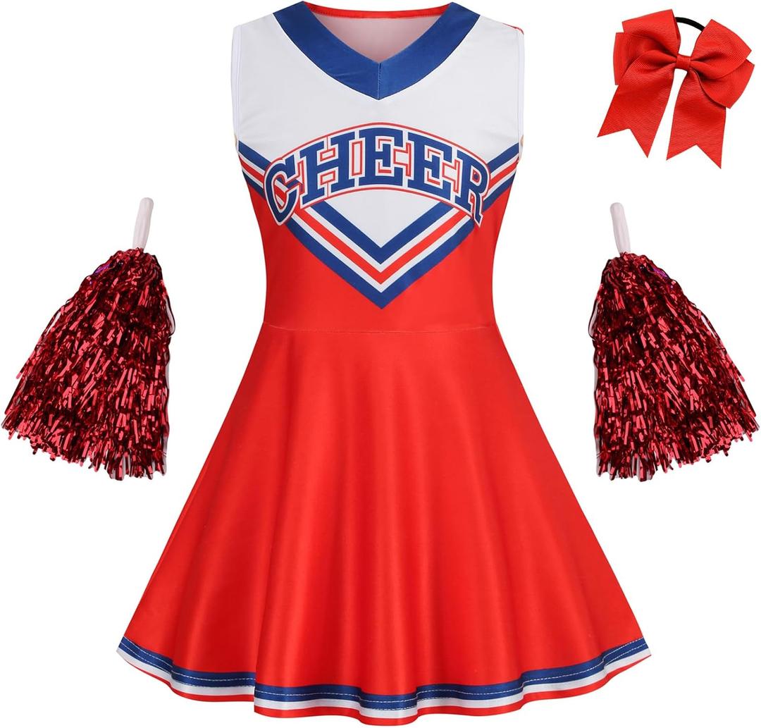 GRAJTCIN Girls Cheerleader Costume for Kids Halloween Cheerleading Uniform Cheer Outfit (Red)