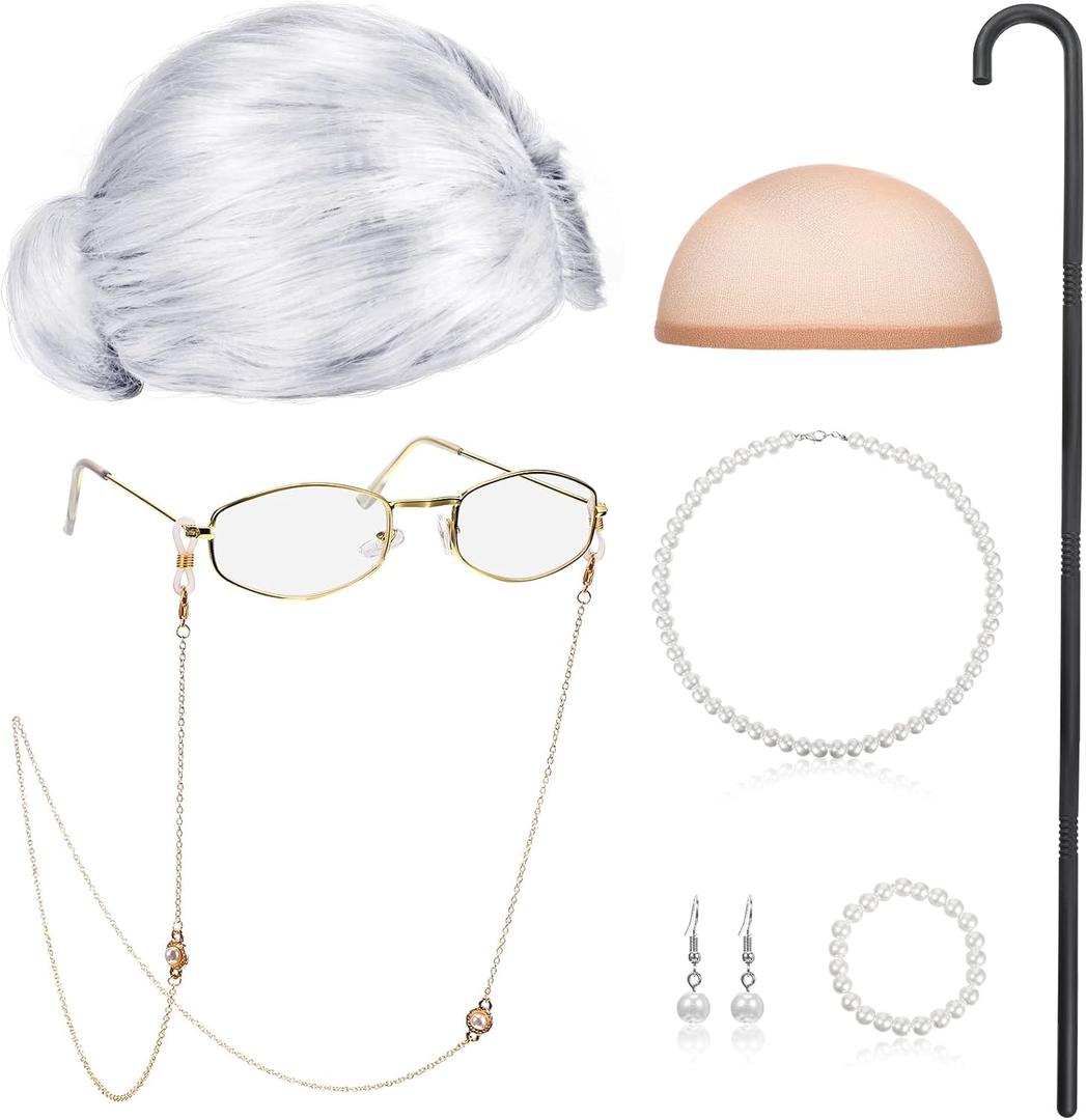 BBTO 100 Days of School Old Lady Costume for Kids Grandma Gray Wig Walking Cane Glasses Chain Cords Faux Pearl Bead Necklace