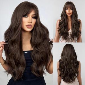 Long Brown Wig with Bangs Wavy Wigs for Women, 26 Inch Synthetic Hair Wig for Daily Party Use