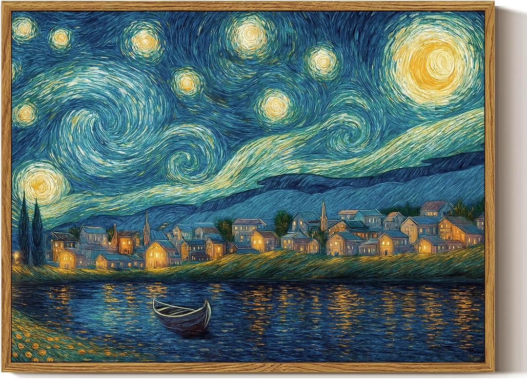 ARPEOTCY Vintage Framed Canvas Wall Art, 12x16 Inch Van Gogh Style Starry Night Lake View Landscape Painting, Retro Blue and Yellow Wall Art for Living Room, Bedroom, or Bathroom Decor (Starry Sky Over the Sea)