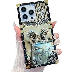 Cute Compatible with iPhone 14 Pro Case, Luxury Bling Butterfly Design with Foldable Stand Kickstand for Women & Girls, Glossy Mirror Shockproof Protective Case 6.1 (Black)