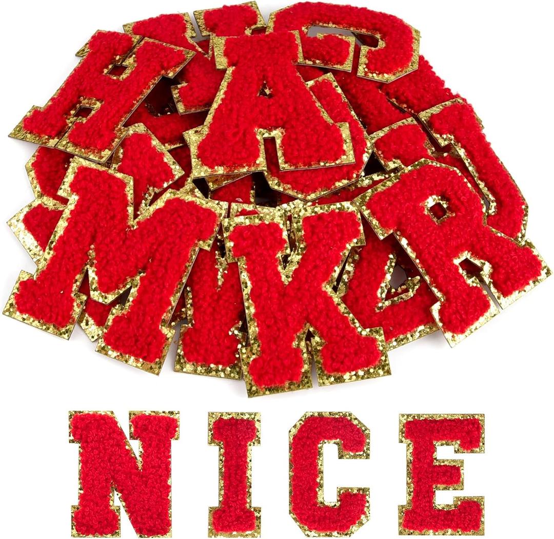 ASTARON 52 Pcs Self Adhesive Letter Patches Chenille Letters Stickers, A-Z Embroidered Applique Patches Alphabet Cloth Patch for Clothes, Bags, Hat, Phone Case, DIY Accessories (Red)