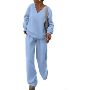 PRETTYGARDEN Casual Winter Two Piece Sets for Women 2026 V Neck Sweatshirt Loose Wide Leg Pants Tracksuit Knit Fall Outfits (Blue, M)