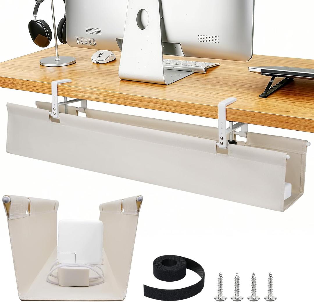 SHUWEI 36" Under Desk Cable Management Tray, Premium Fabric Cable Management for Desk, Clamp/Screw Mount Cable Tray for Office and Home (White, 36" L)