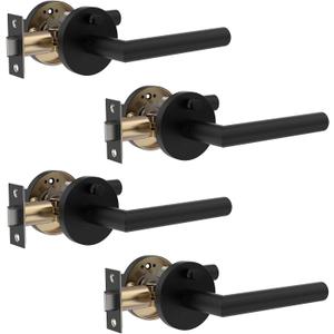4 Pack Stainless Steel Privacy Door Handle - Keyless Push Button Lock, Matte Black Finish, Reversible Left/Right Hand Lever