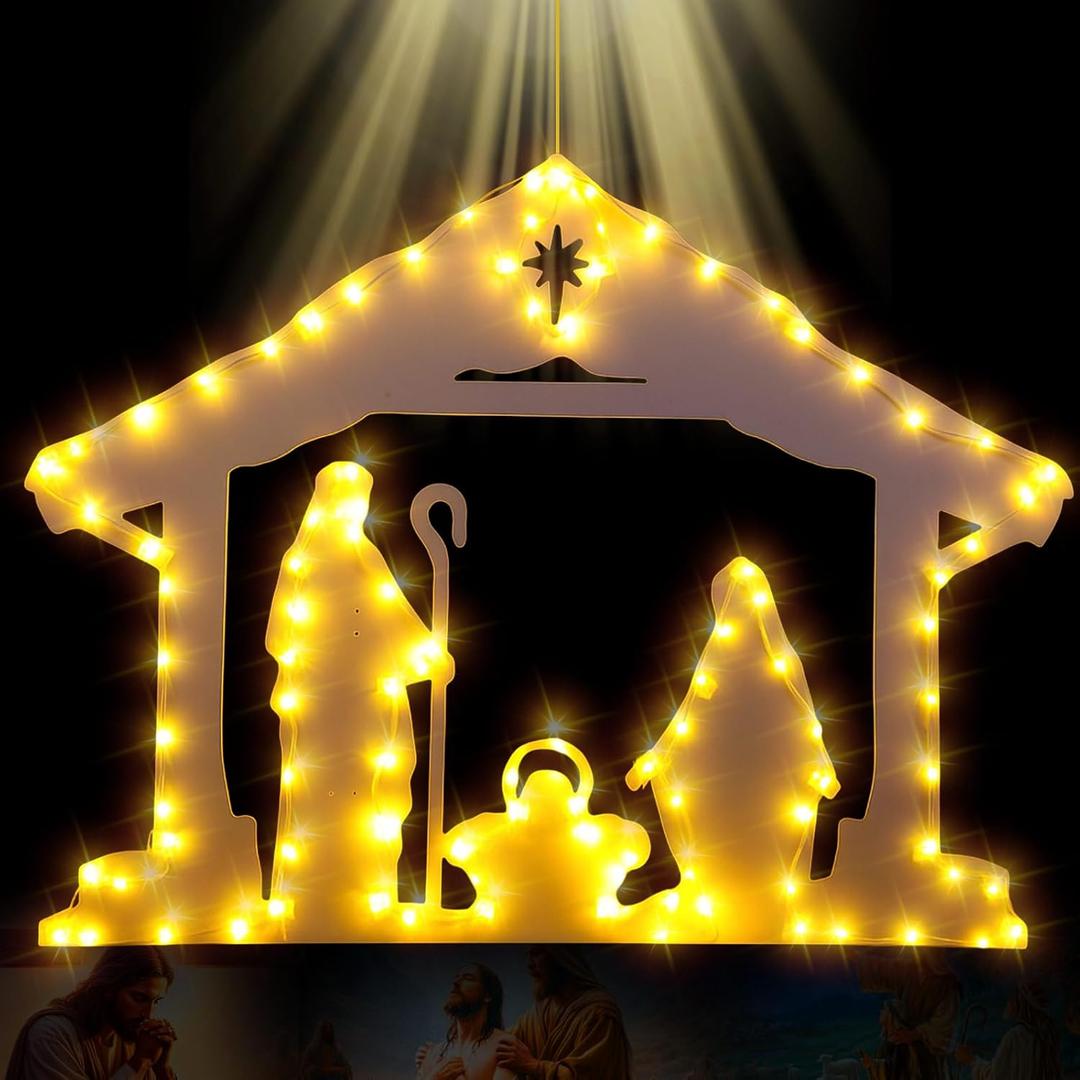28 Inch Large Lighted Nativity Scene Christmas Window Silhouette Lights Decorations Outdoor Yard Stakes Dual-Purpose for Hanging and Stakes Light up Nativity for Home Lawn Garden Yard